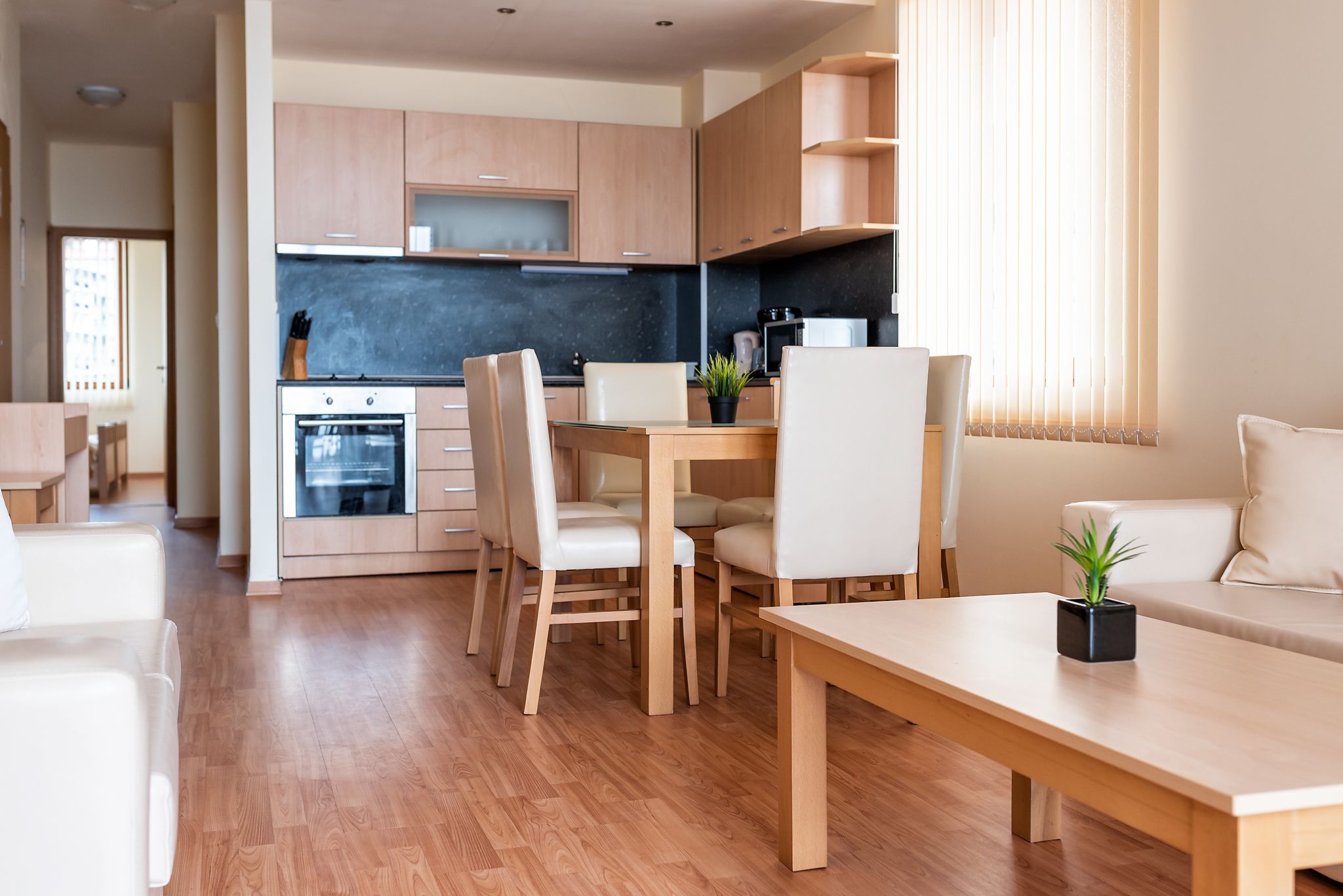 A modern kitchen with wooden cabinets, a dining area with a table and chairs, and a small potted plant on the table.