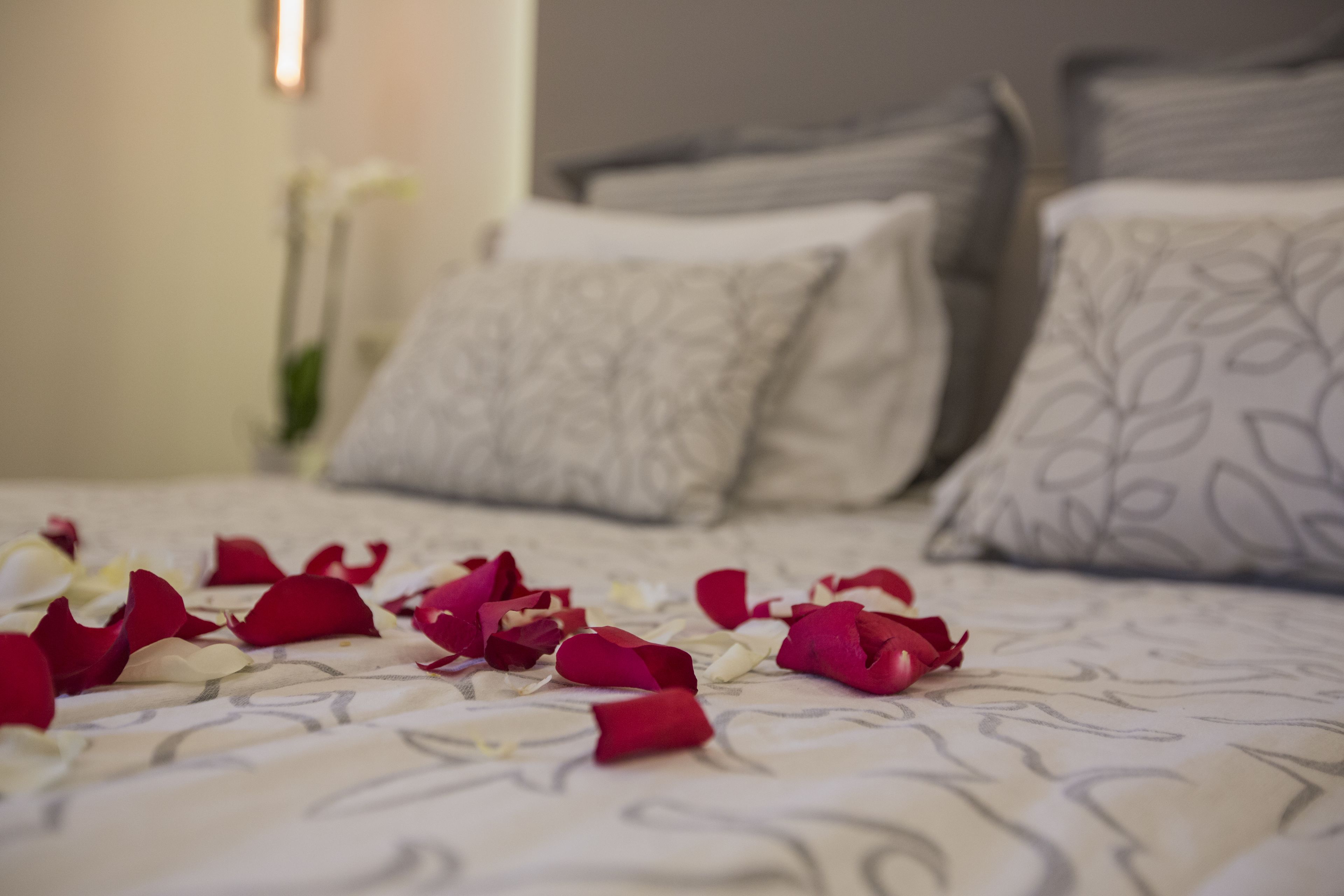 Una cama con pétalos de rosa esparcidos sobre el edredón, almohadas con estampado de hojas y una lámpara de pared.
