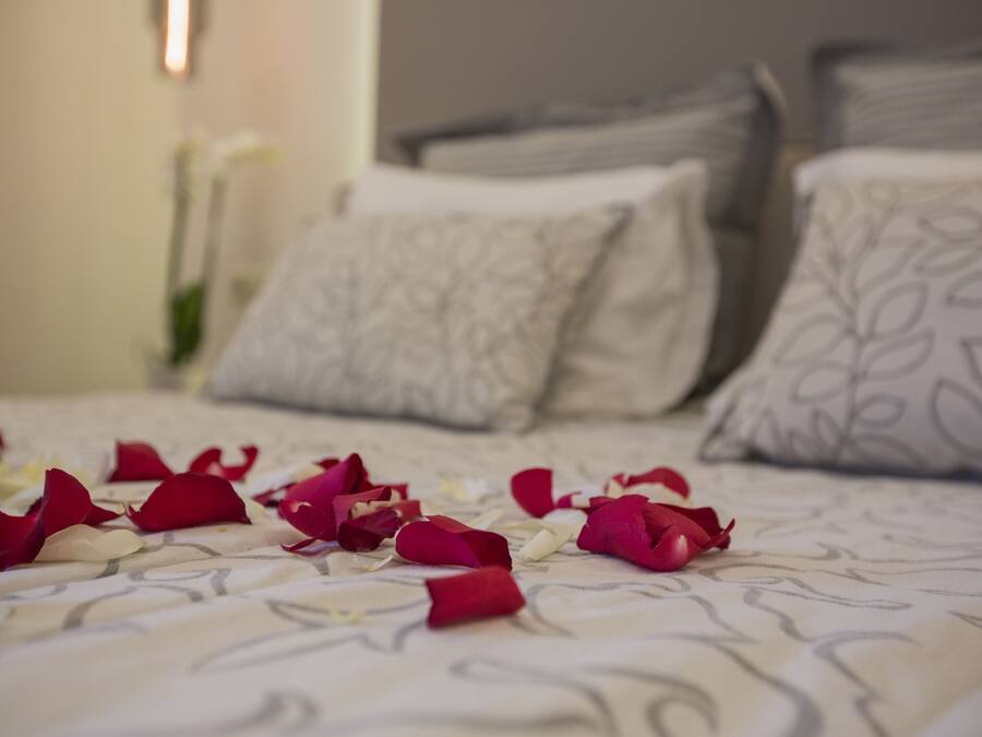 Una cama con pétalos de rosa esparcidos sobre el edredón, almohadas con estampado de hojas y una lámpara de pared.