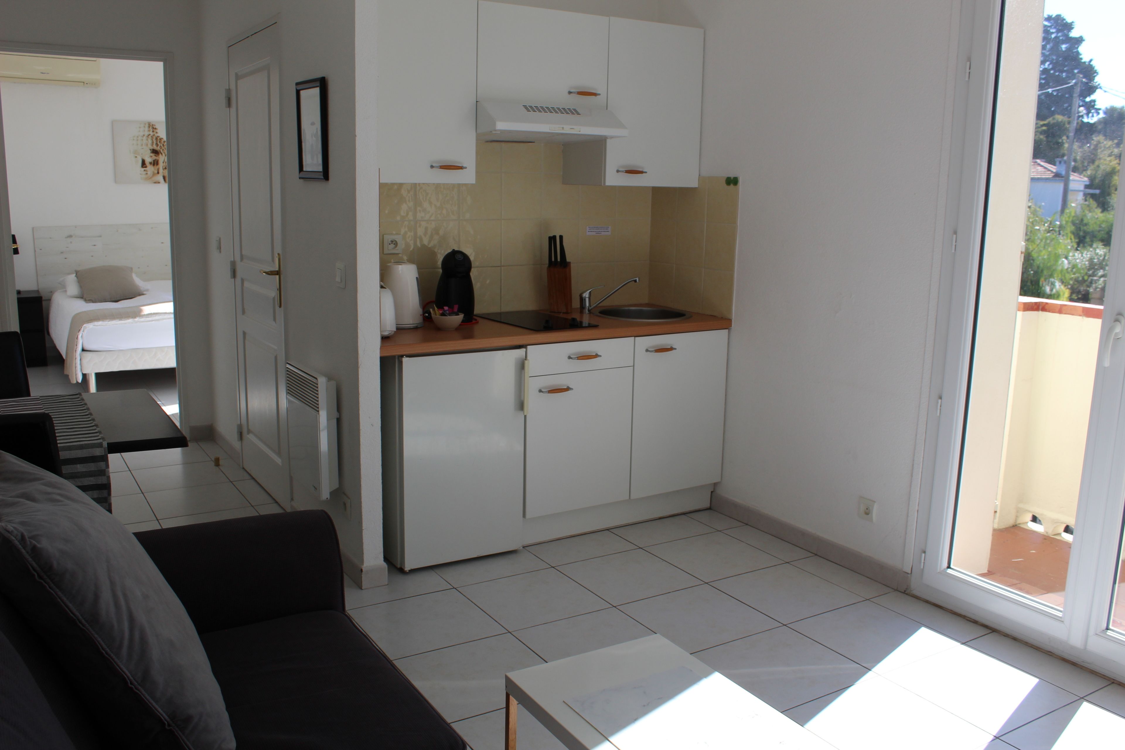 A compact living space with a kitchenette, a bed, and a sofa.