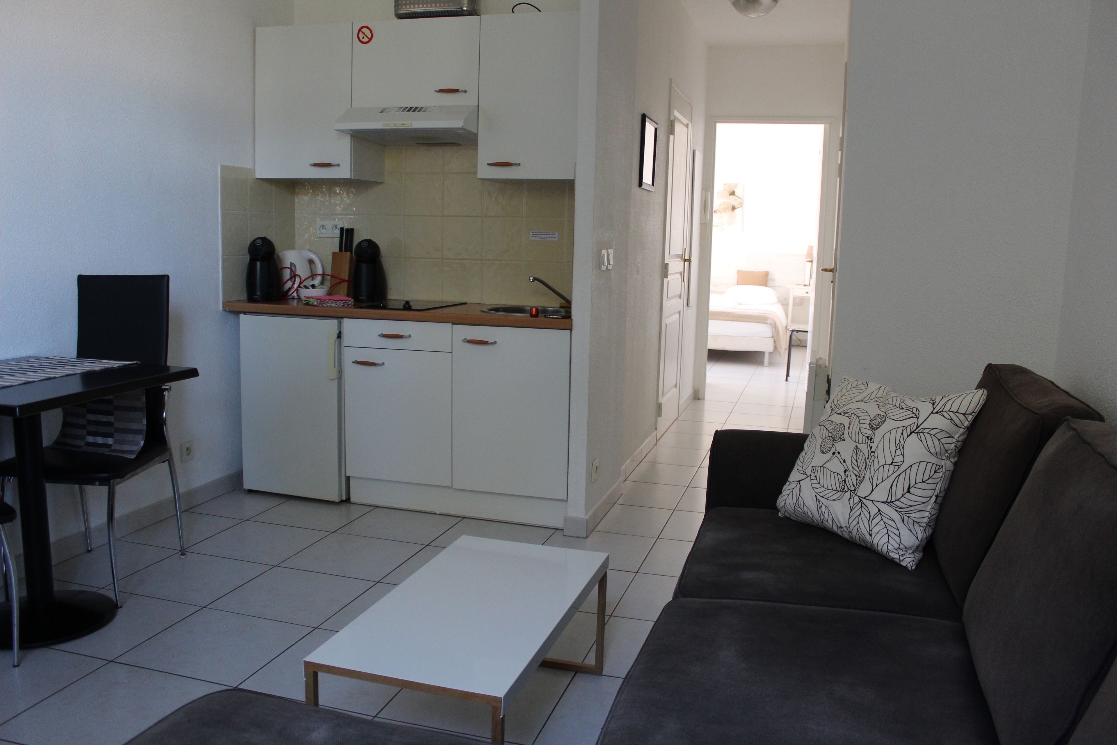 Un espacio habitable compacto con kitchenette, comedor y sofá con cojín estampado.