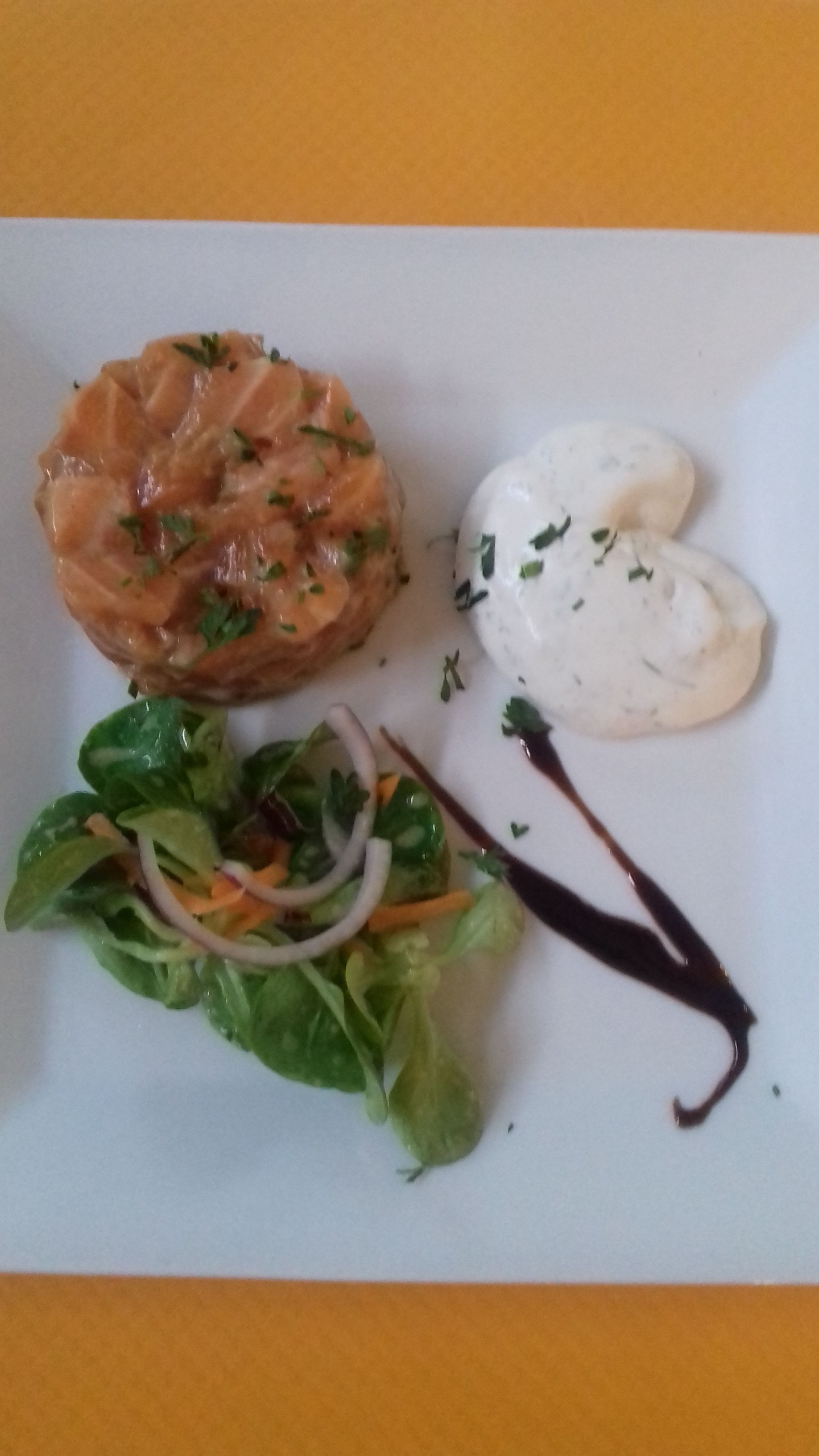 Un plato con tártara de salmón, salsa blanca, ensalada de espinacas y salsa oscura.