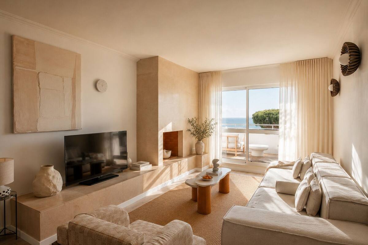 A modern living room with a TV, sofa, and a view of the sea.