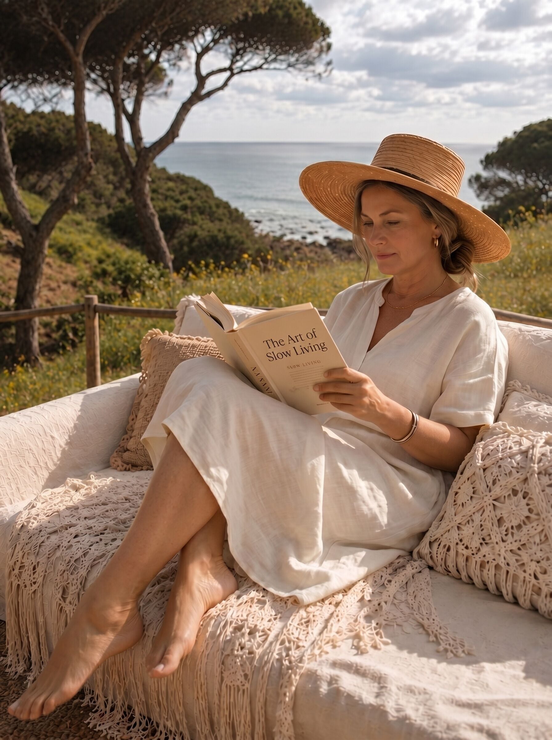 A person sitting on a sofa with a book titled 'The Art of Slow Living' in a natural setting with trees and a view of the sea.