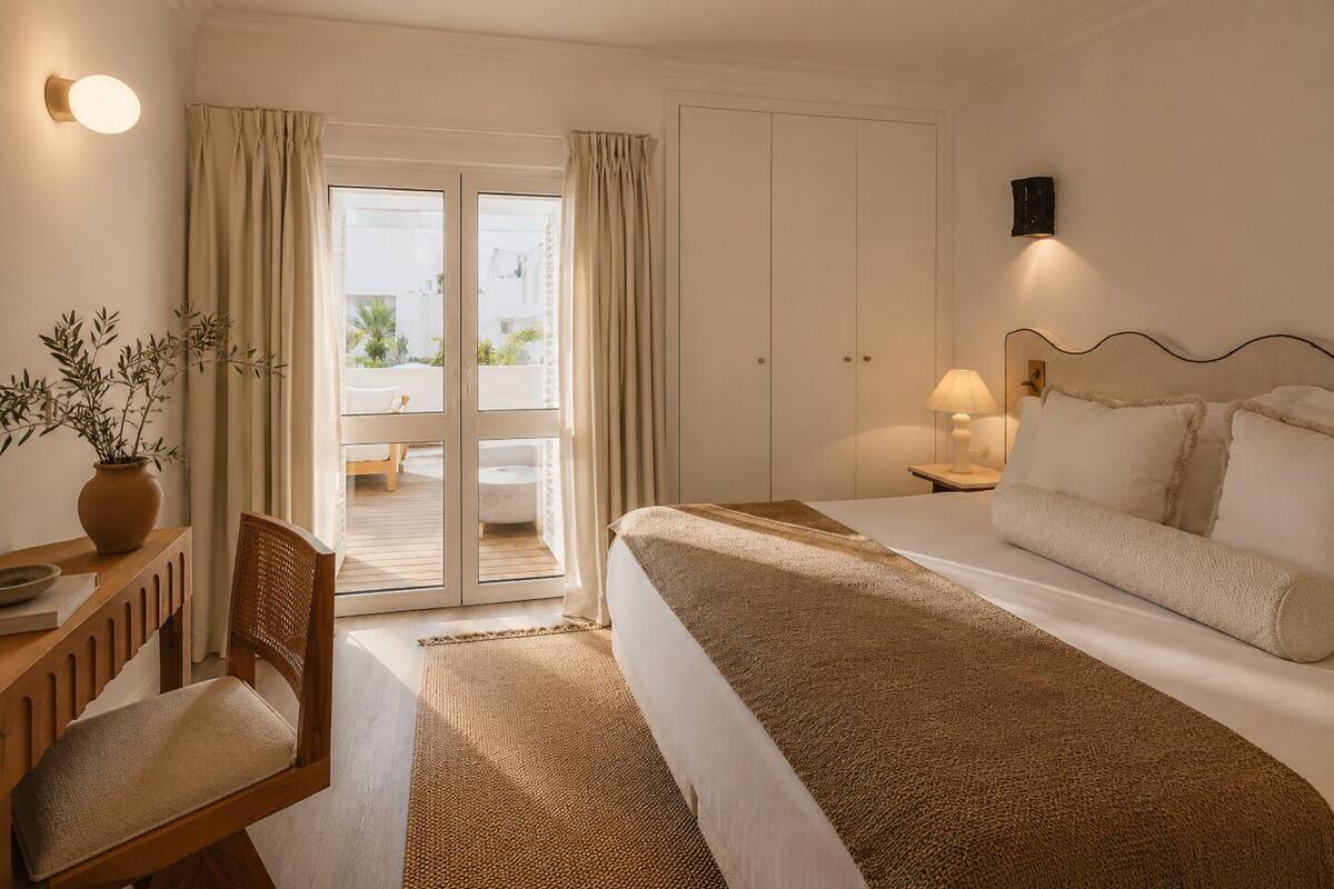 A hotel room with a bed, bedside table, lamp, chair, and a view through the door.
