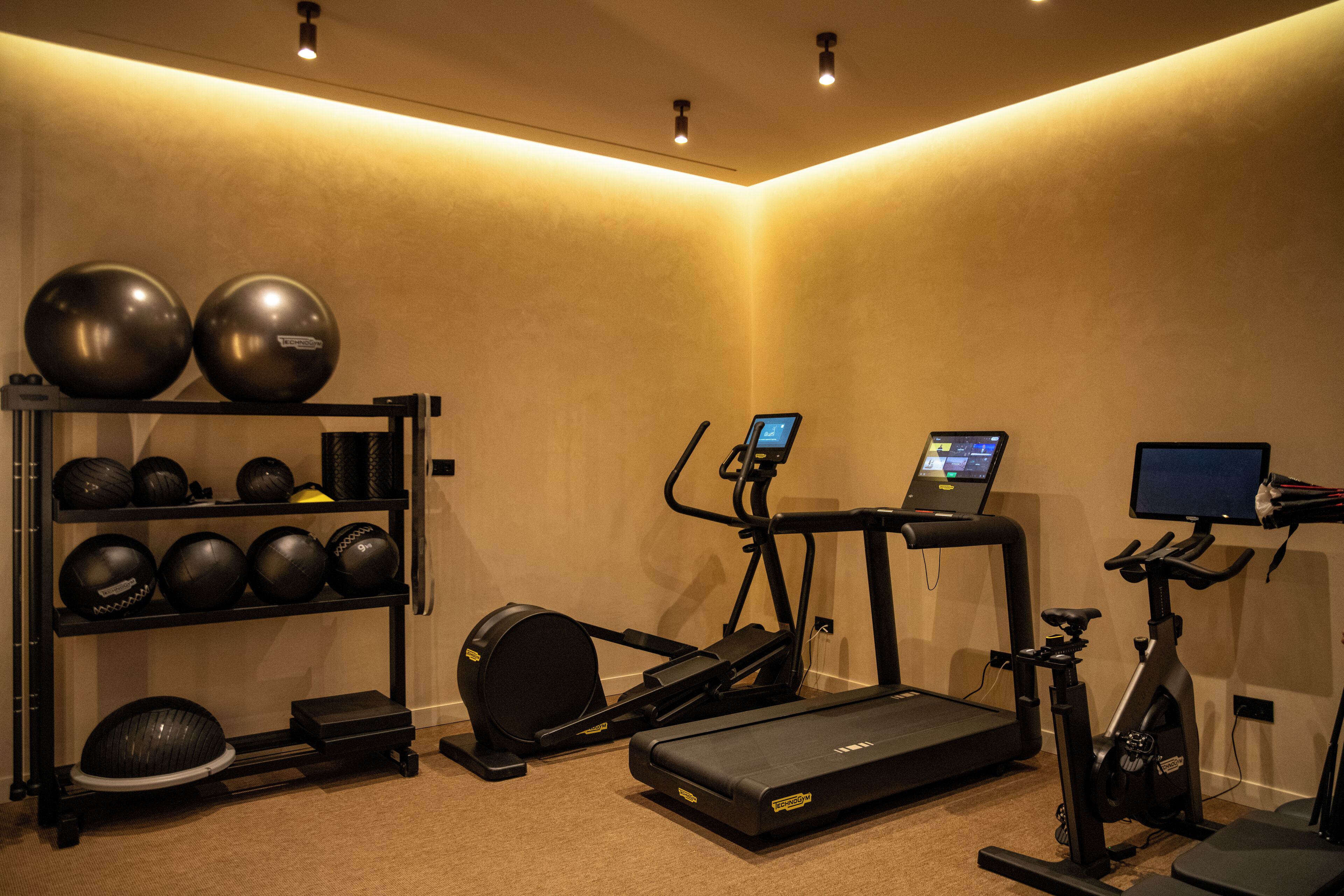 Un gimnasio con equipamiento de ejercicio, incluyendo una caminadora, elíptica y bicicleta estática, además de un estante con pelotas de ejercicio.