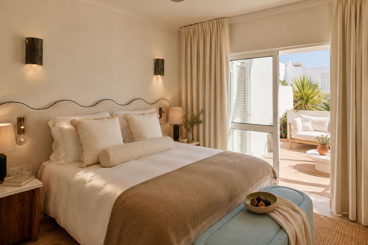 A hotel room with a bed, bedside lamps, a nightstand, a window with curtains, and a view of the outside.