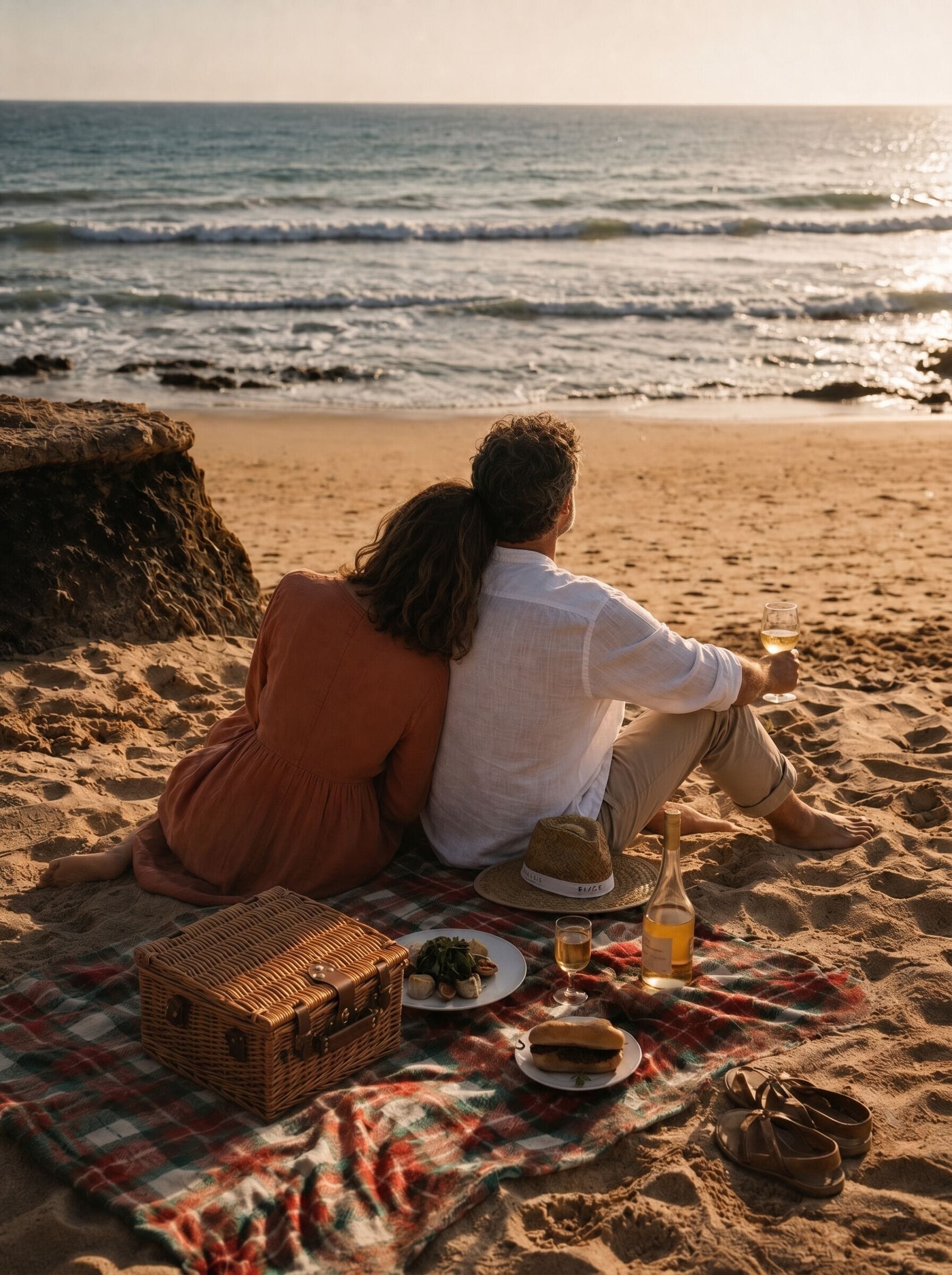 Un couple est assis sur une couverture sur une plage, avec l’océan en arrière-plan.
