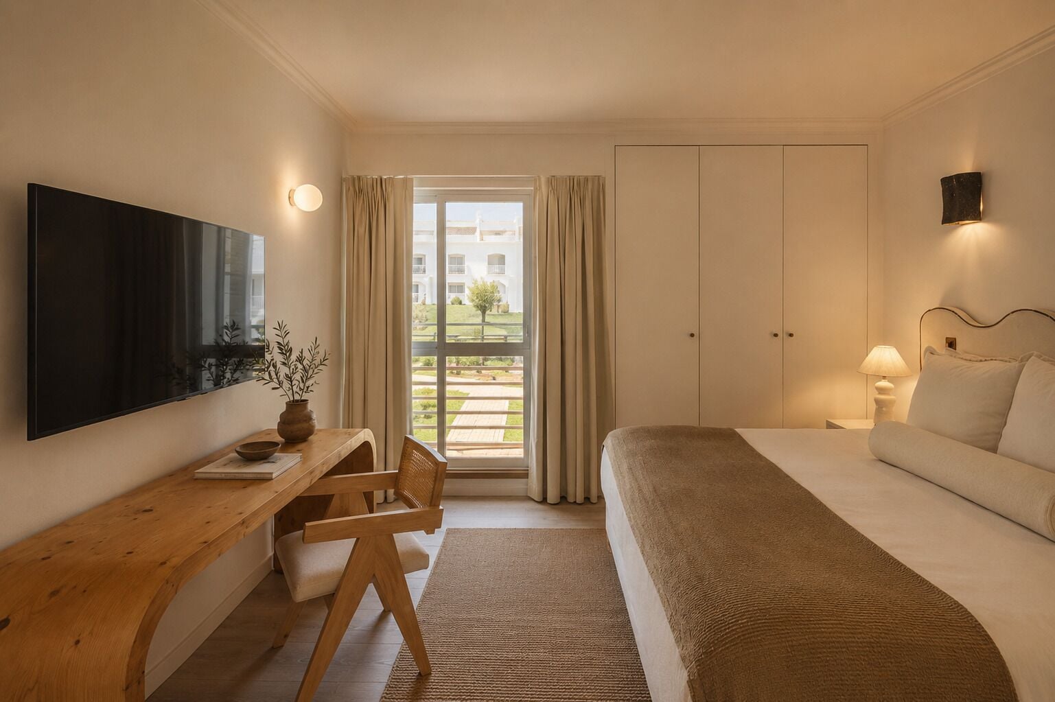 Quarto de hotel com cama, escrivaninha, cadeira, televisão e vista exterior.
