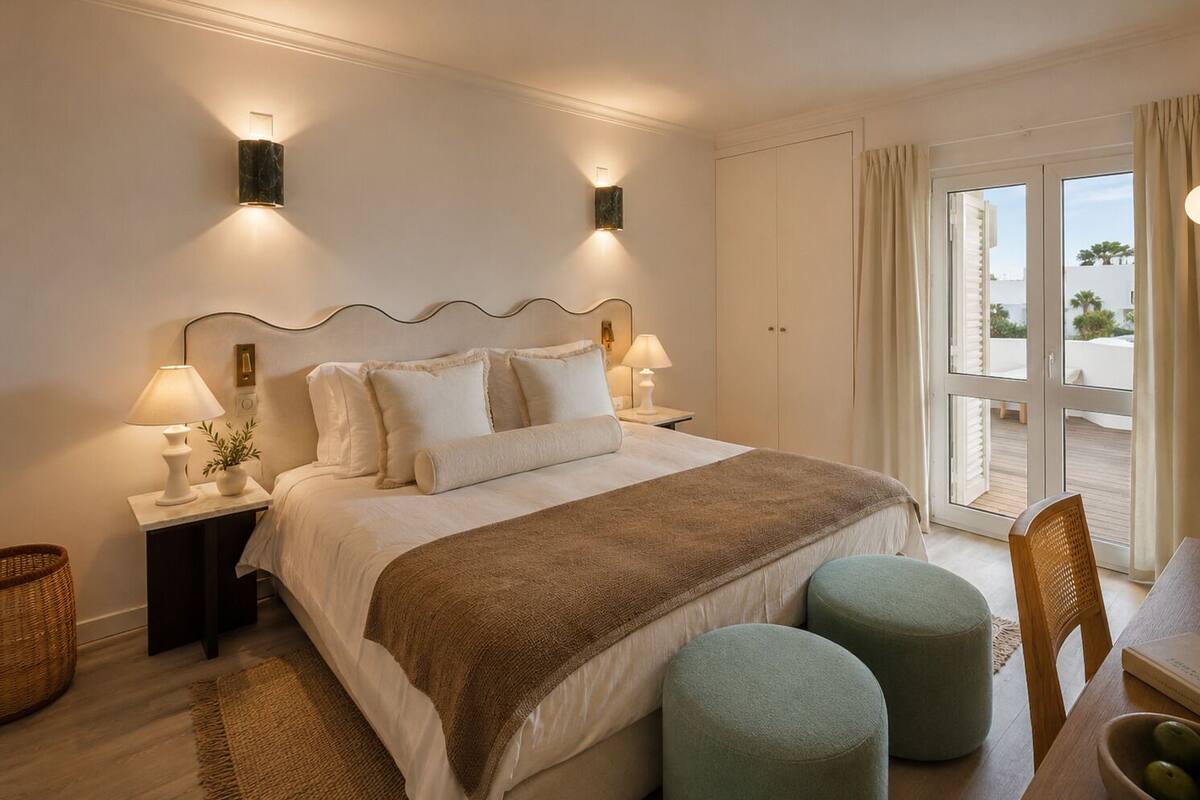 A hotel room with a bed, two bedside lamps, a nightstand, a chair, and a view of the outdoors.