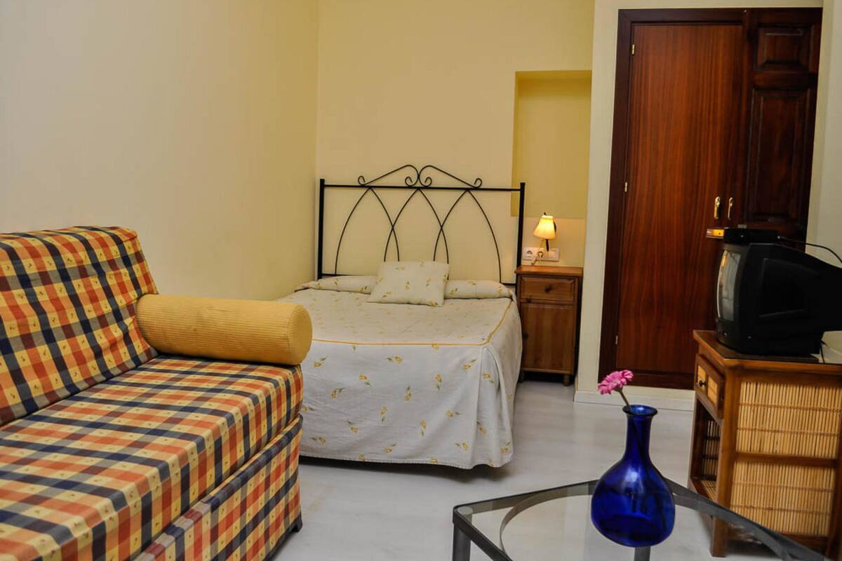 A bedroom with a bed, a sofa, a nightstand with a lamp, a television, and a vase with a flower.