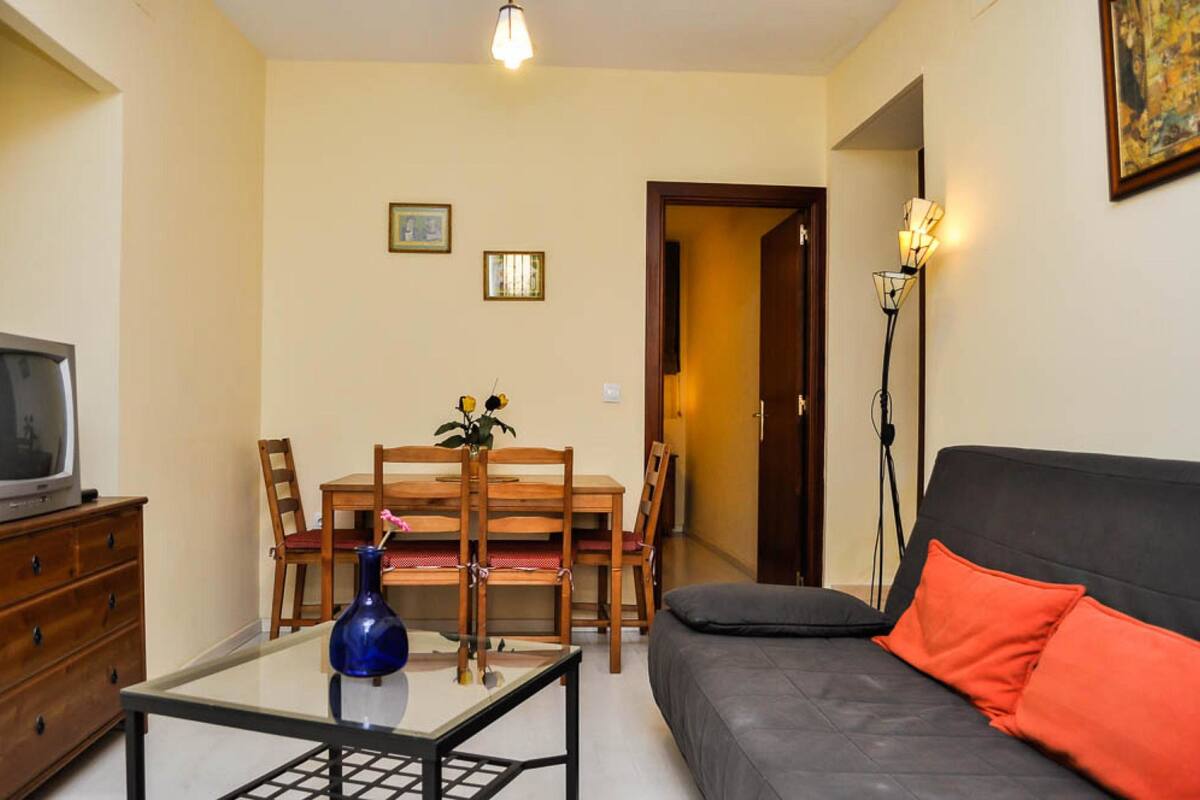 A compact living space with a sofa, a dining table with chairs, a small TV on a dresser, and a vase with flowers.