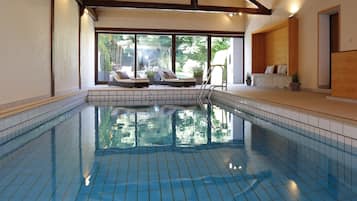 Alberca techada, acceso de 15:00 a 21:00, y camastros