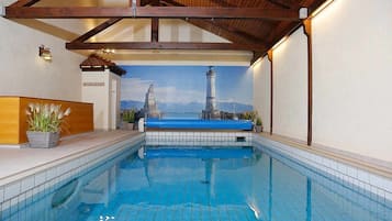Indoor pool, open 3:00 PM to 9:00 PM, sun loungers