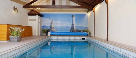 Indoor pool, open 3:00 PM to 9:00 PM, sun loungers