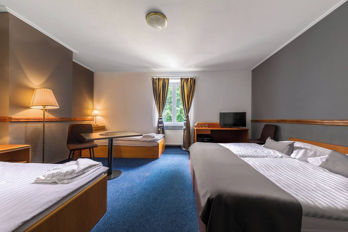 Habitación de hotel con dos camas, un escritorio, una silla, un televisor y una ventana con cortinas.