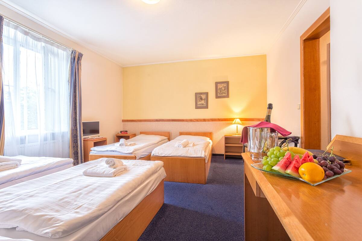 Habitación de hotel con dos camas individuales, un escritorio con una bandeja de frutas, una lámpara y un televisor.