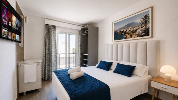 Une chambre d’hôtel comprenant un lit, une table de chevet, une commode, un tableau, une fenêtre avec des rideaux et un téléviseur fixé au mur qui affiche une sélection de films.