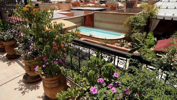 A rooftop pool with potted plants and a view of the cityscape. - Riad Jona (Marrakech)