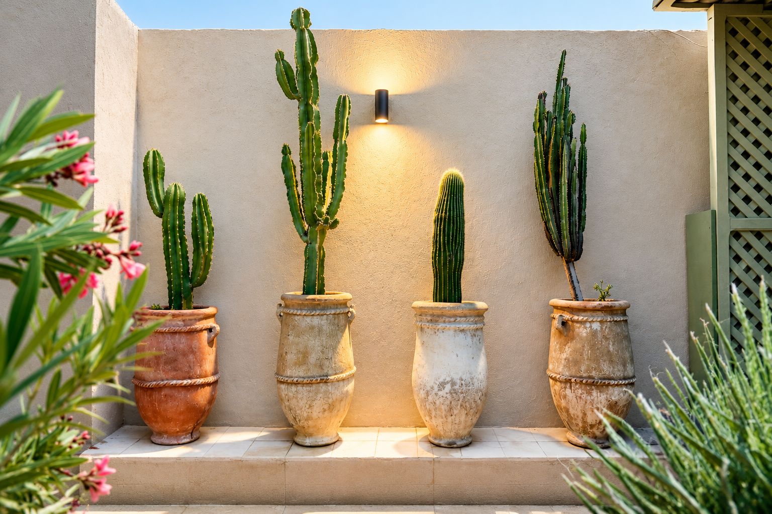 Cuatro cactus en macetas de terracota frente a una pared con una lámpara.