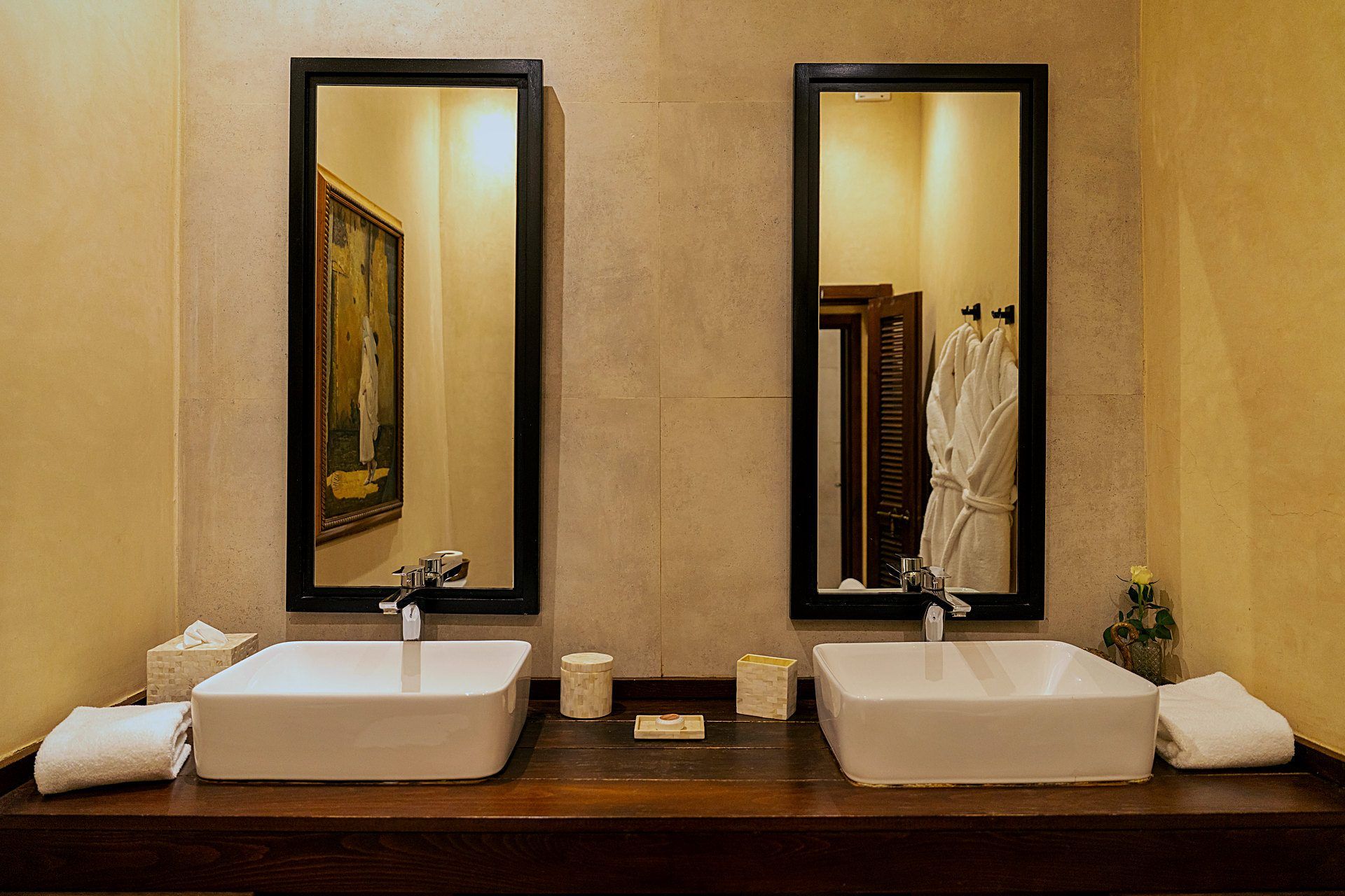 A bathroom with two sinks, a towel, a tissue box, and a small plant.