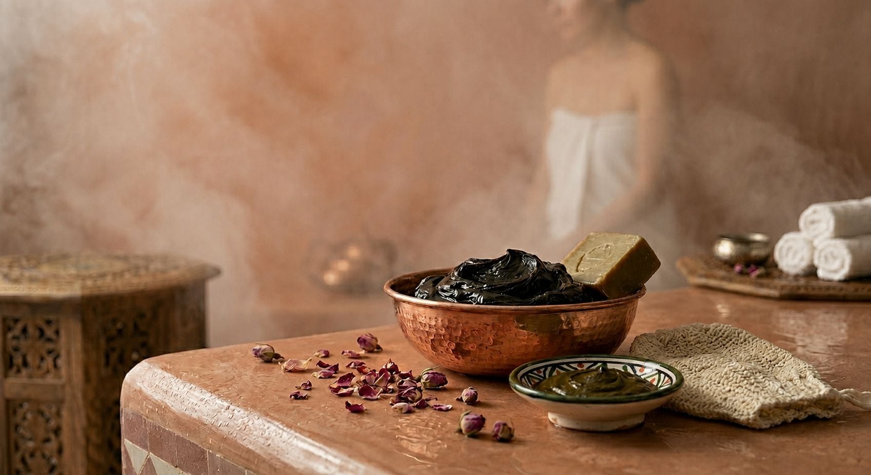 Egy wellness-központban található rézedény, amelyben sötét színű anyag van, egy kis tálban zöld színű paszta, és egy fa felületen szórva száraz virágok.