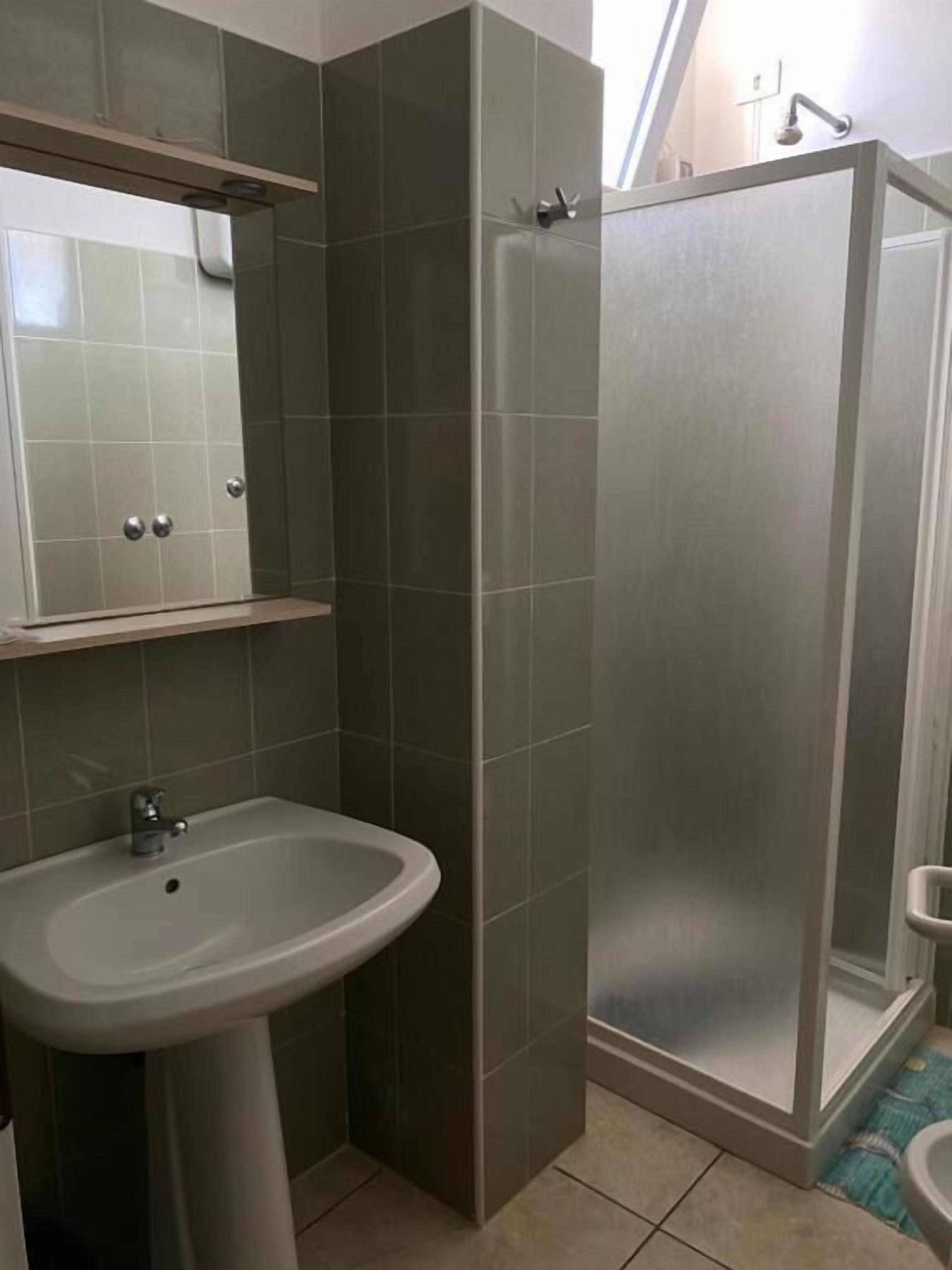 A bathroom with a sink, mirror, and shower enclosure.