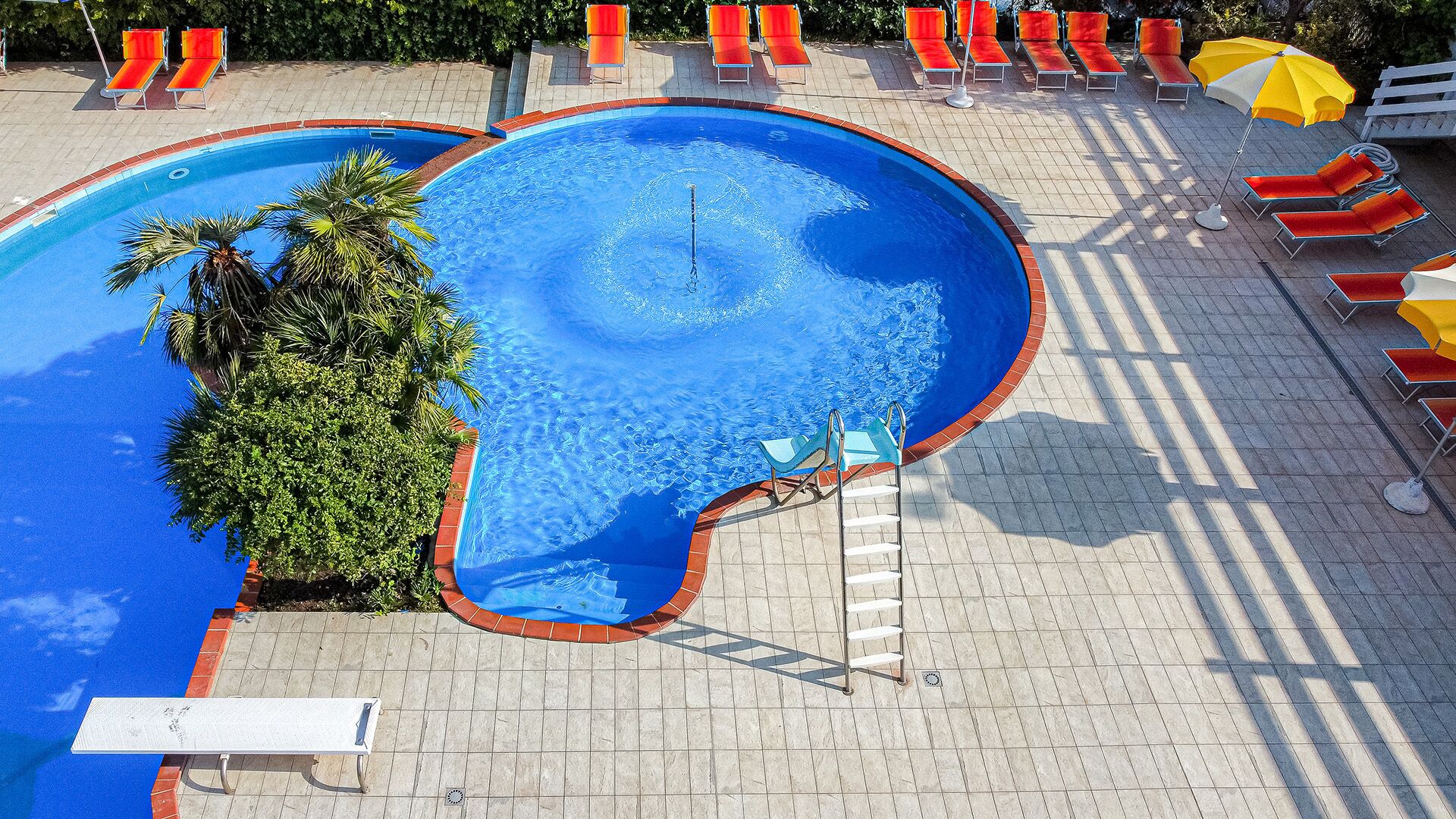 Une piscine avec un plongeoir, entourée de chaises longues et de parasols.