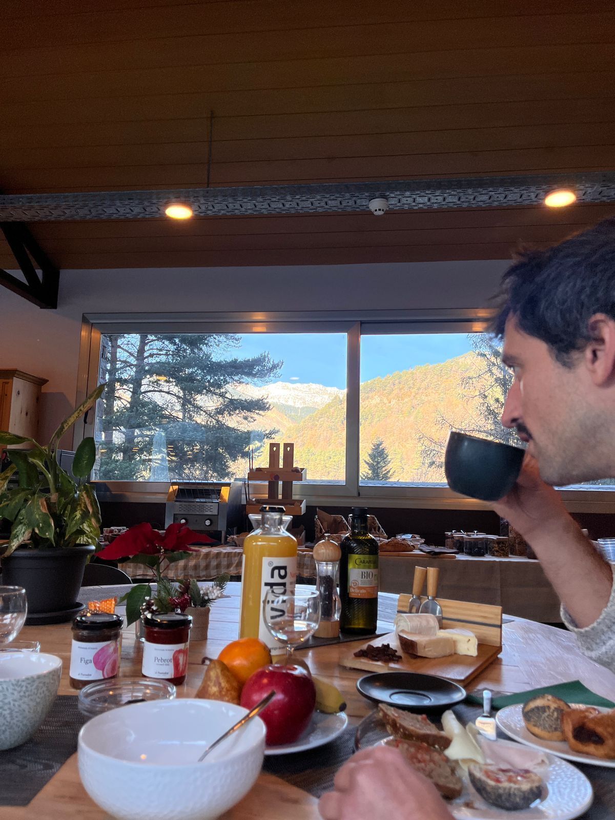 Un coin repas avec une table mise pour le repas, une fenêtre donnant sur un paysage de arbres et de montagnes, ainsi que divers aliments et condiments disposés sur la table.