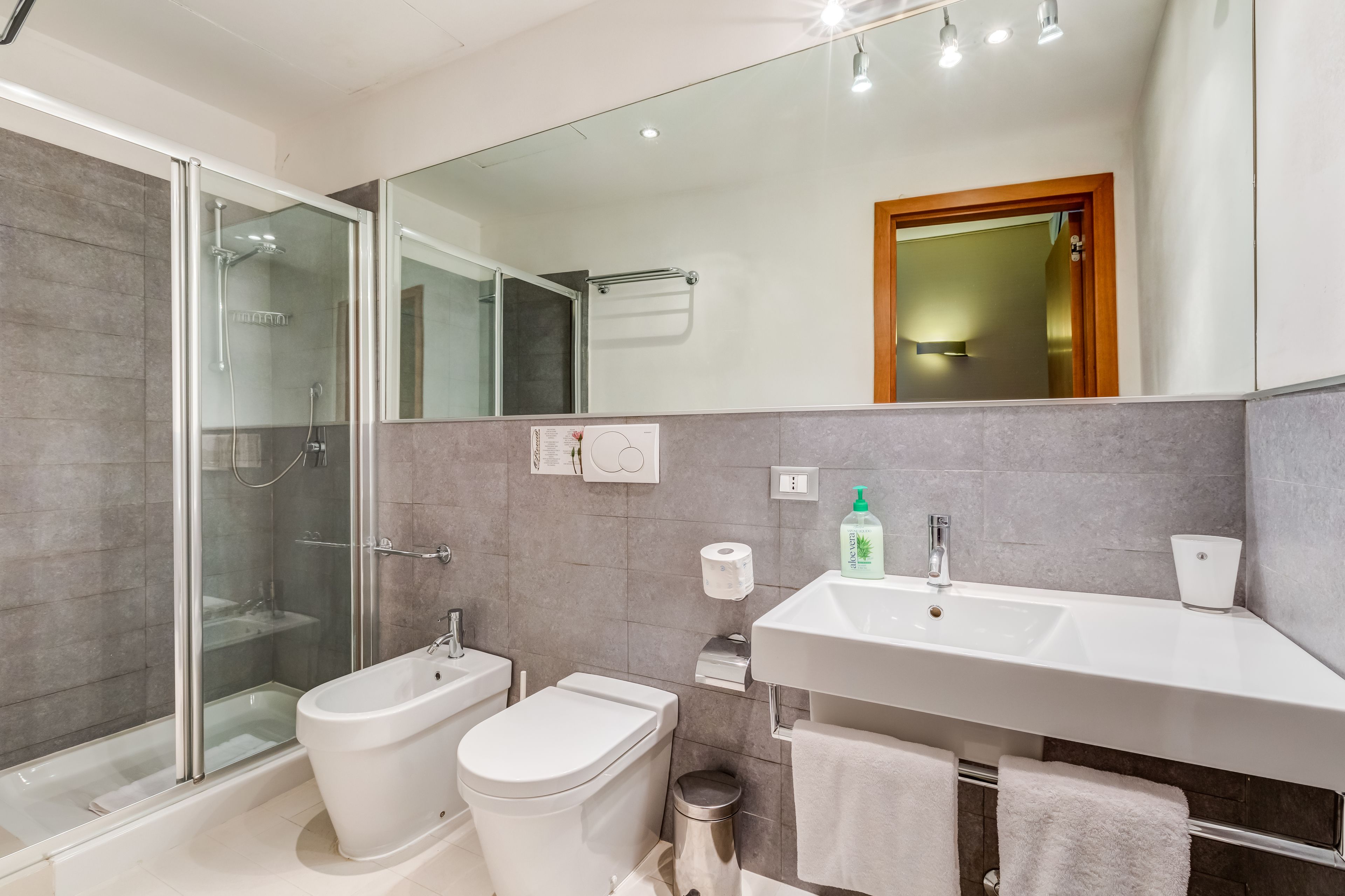 A modern bathroom with a glass-enclosed shower, a bidet, a toilet, and a sink with a mirror above.