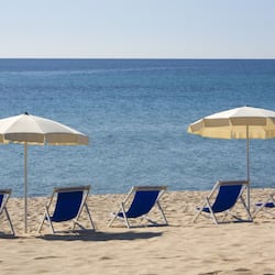 On the beach, white sand, beach umbrellas