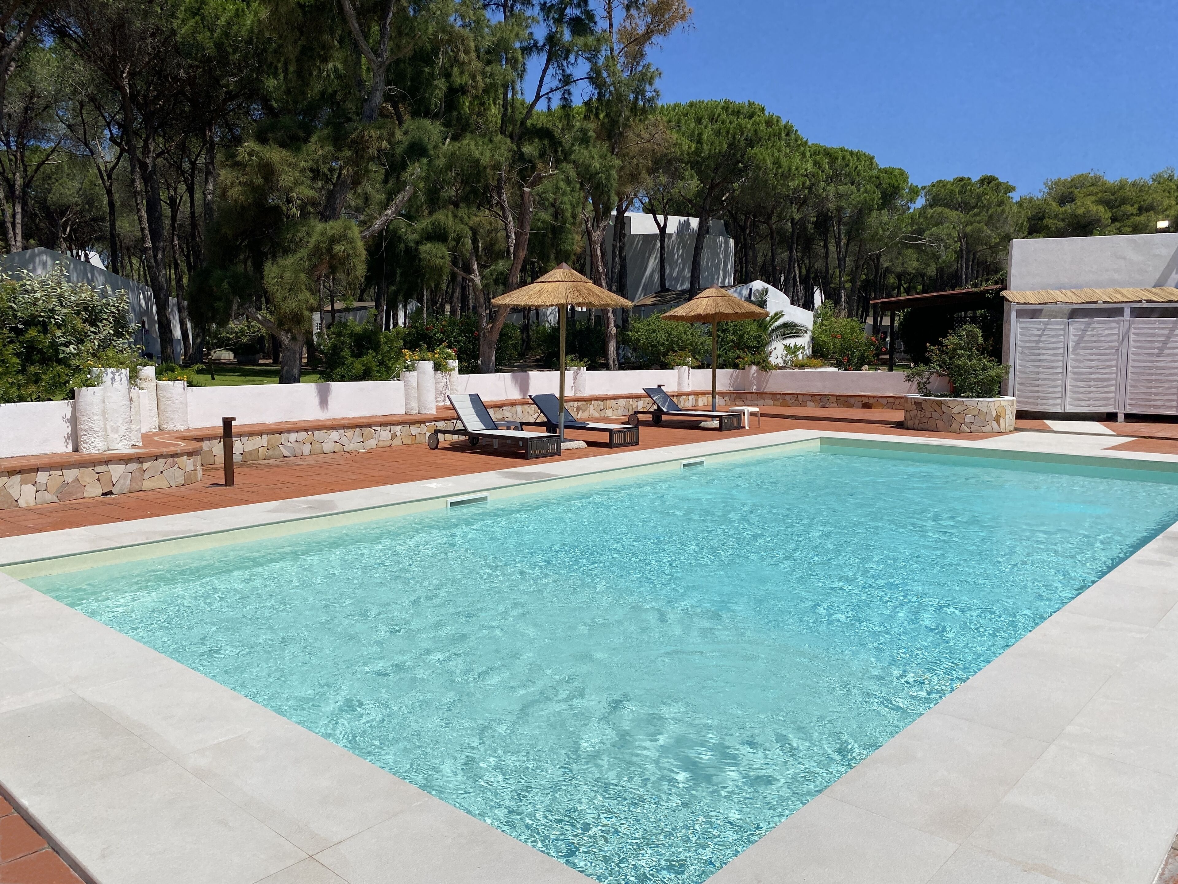 A rectangular swimming pool with clear water, surrounded by a tiled deck. There are lounge chairs and a small umbrella structure.