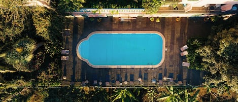 An aerial view of a rectangular swimming pool surrounded by lounge chairs and potted plants, with a building in the background.
