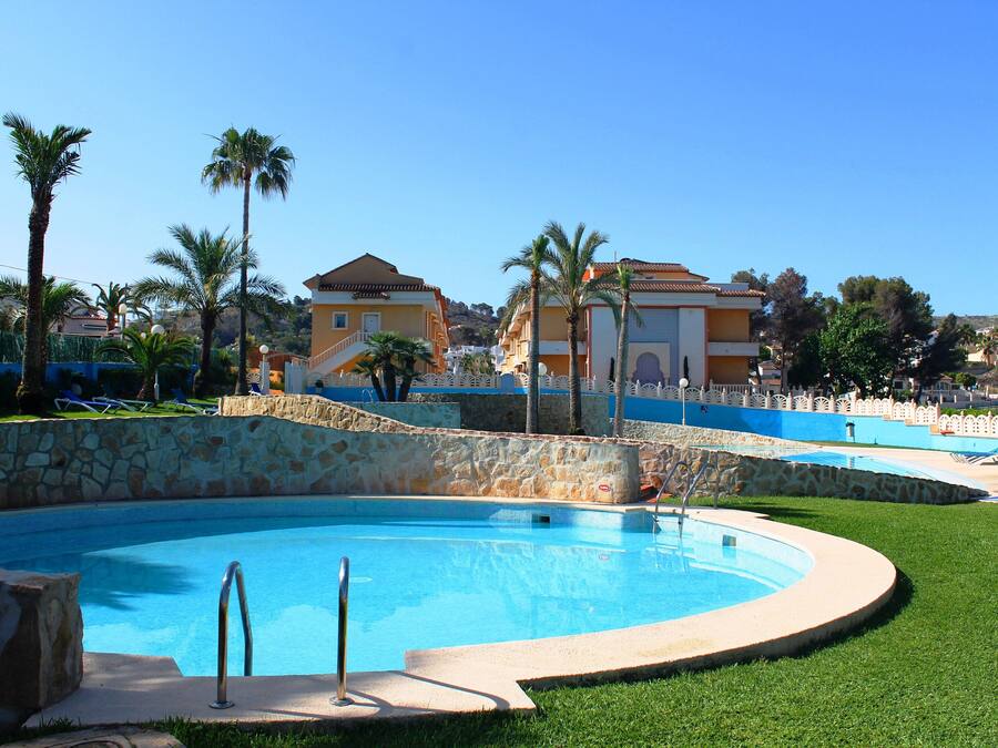 A swimming pool with a stone wall and palm trees, surrounded by a white fence and buildings in the background.