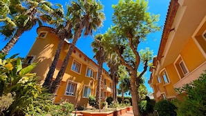 Un patio con palmeras, un sendero empedrado y edificios amarillos con múltiples ventanales.