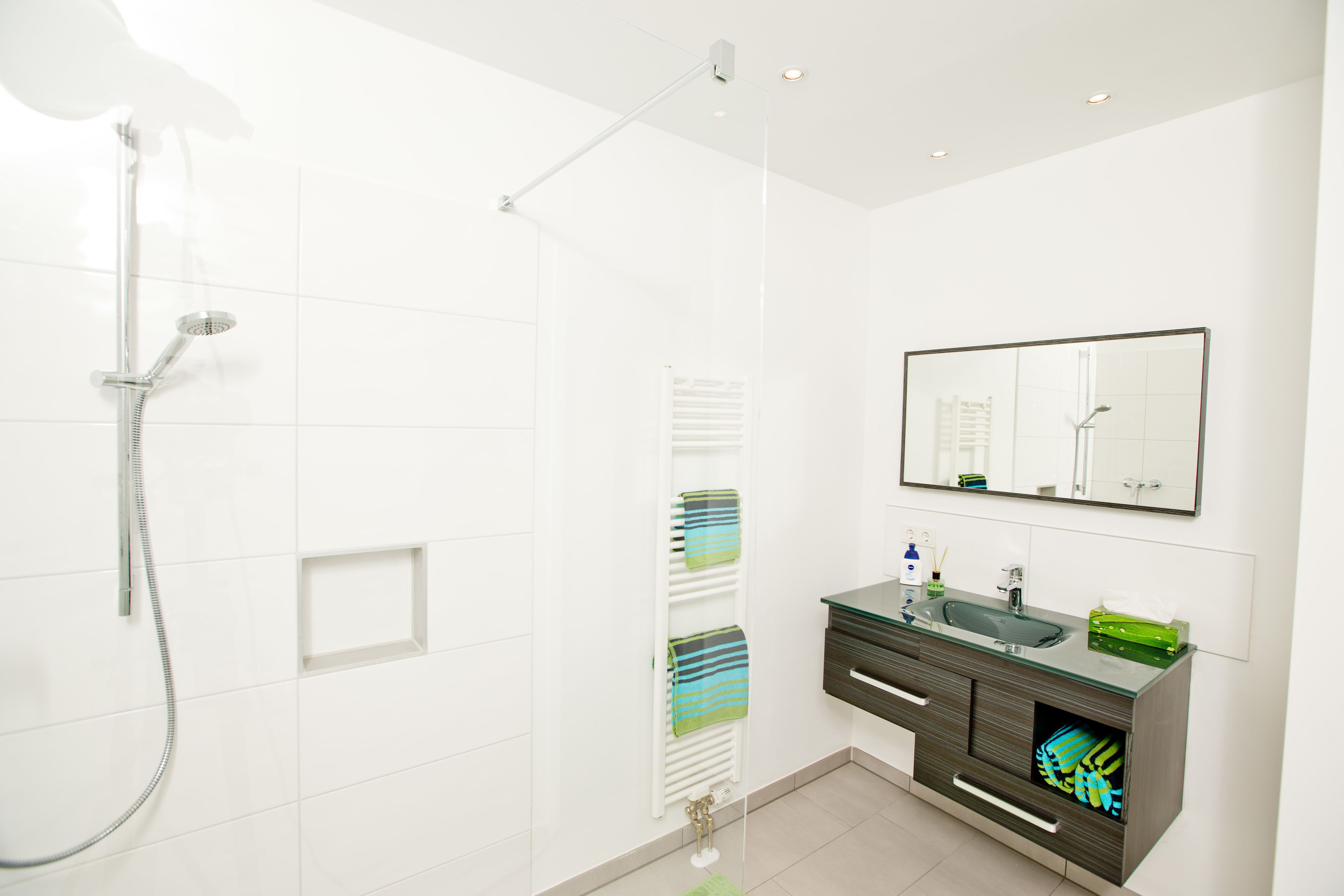 Shower, free toiletries, hair dryer, towels