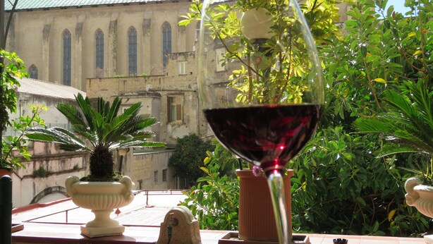 A glass of red wine on a table with a view of a historic building and lush greenery in the background. - Bed & Breakfast Medea (Naples)