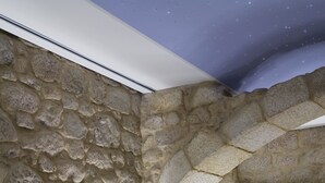 Une pièce aux murs de pierre, dotée de mobilier moderne et d’un plafond étoilé.