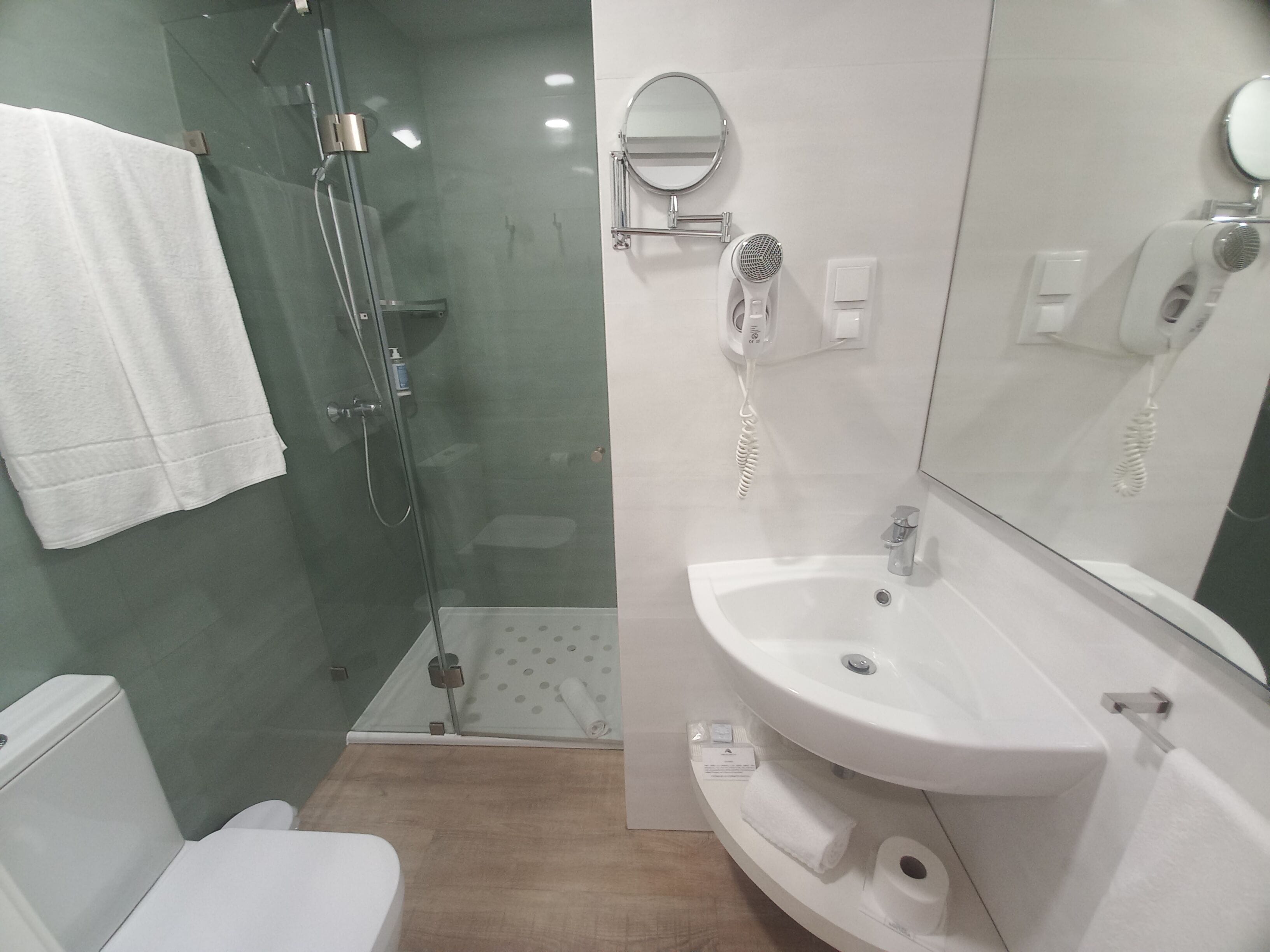 A modern bathroom with a glass shower enclosure, a white sink, and a toilet.