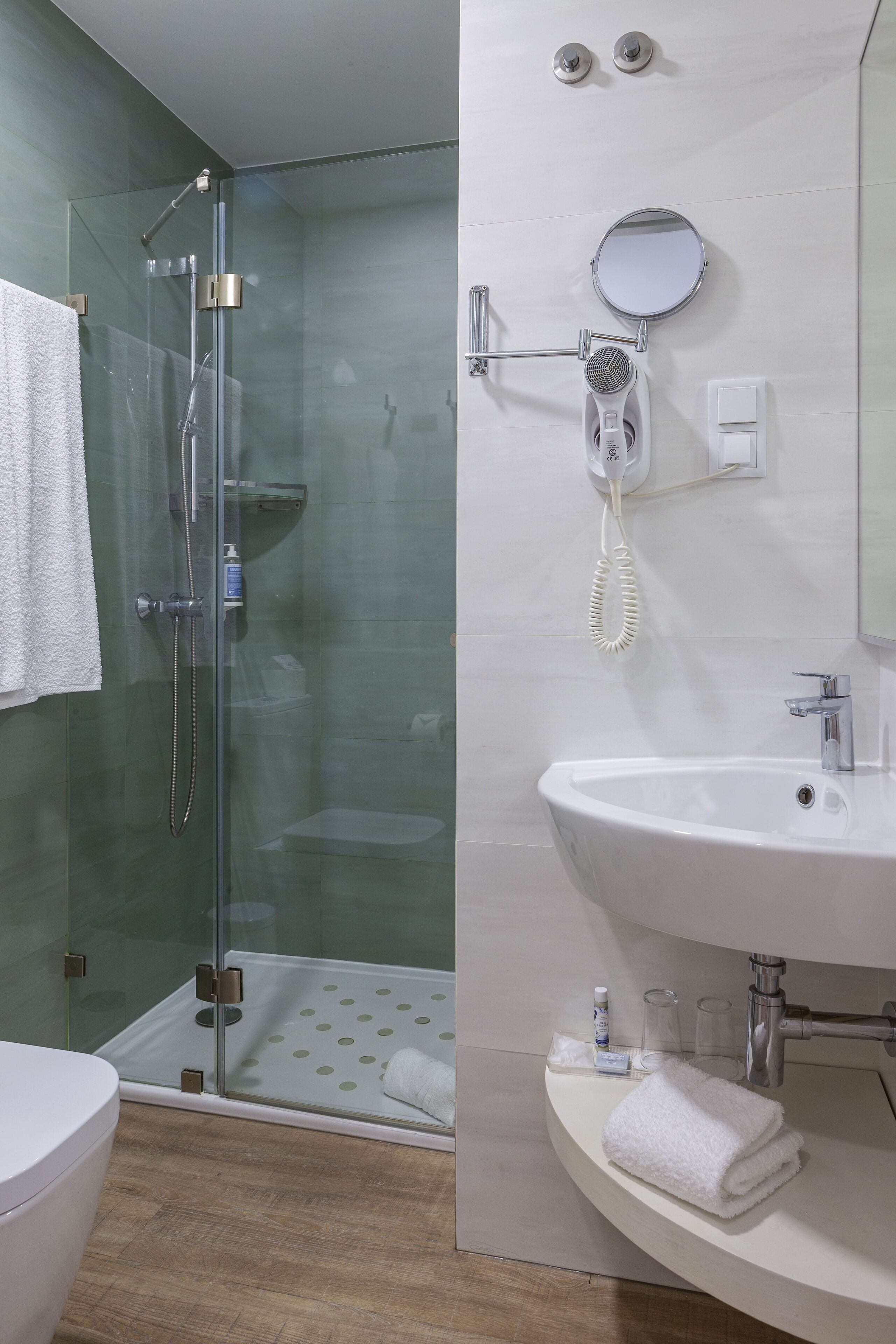 A modern bathroom with a glass-enclosed shower, a white sink with a mirror, and a toilet.