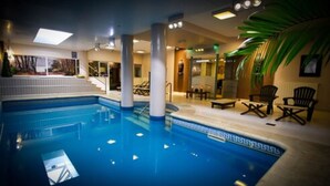 An indoor swimming pool with clear water, surrounded by lounge chairs and a palm tree.