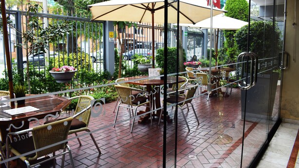 Un patio al aire libre con mesas y sillas, rodeado de plantas en macetas y sombrillas.
