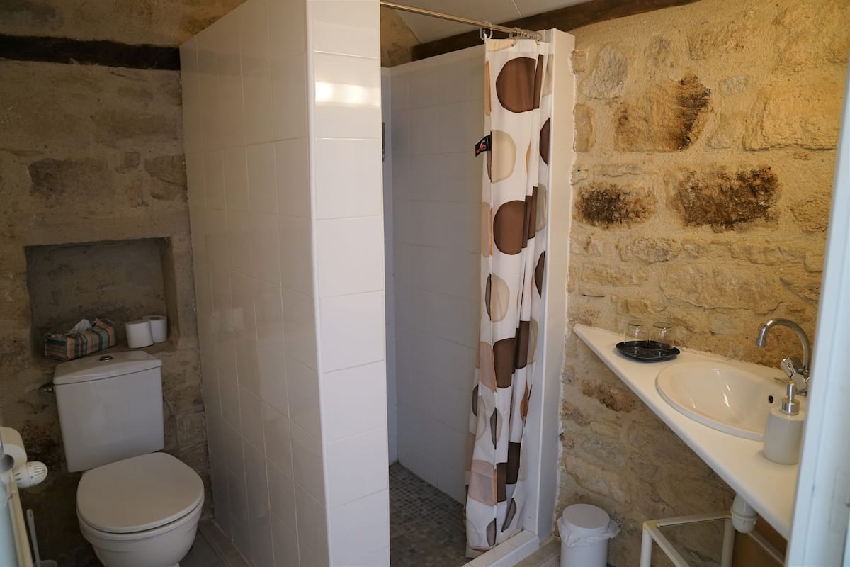 combined shower/bathtub, free toiletries, hair dryer, towels