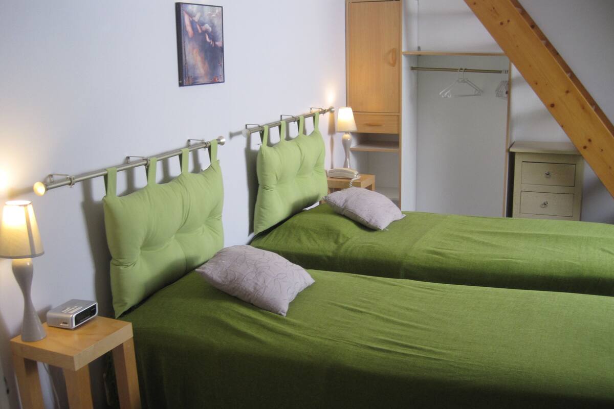 Une pièce avec deux lits verts, une armoire en bois, un bureau avec une lampe et un petit tableau accroché au mur.