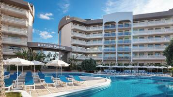 Seasonal outdoor pool, pool umbrellas, pool loungers