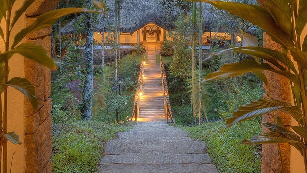 A pathway leading to a building with a thatched roof, surrounded by lush greenery and potted plants. - Amritara Shalimar Spice Garden Resort & Spa (Peermade)