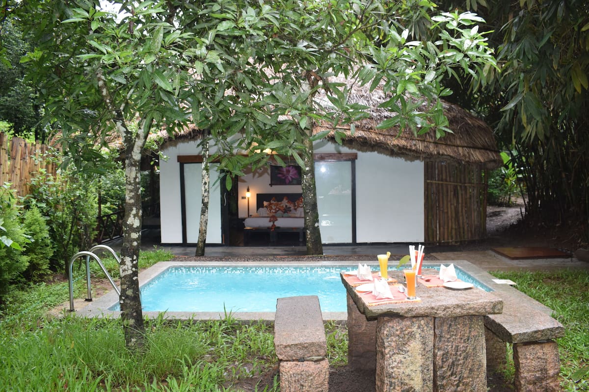 A pool area with a thatched-roof structure, a stone bench with amenities, and lush greenery.