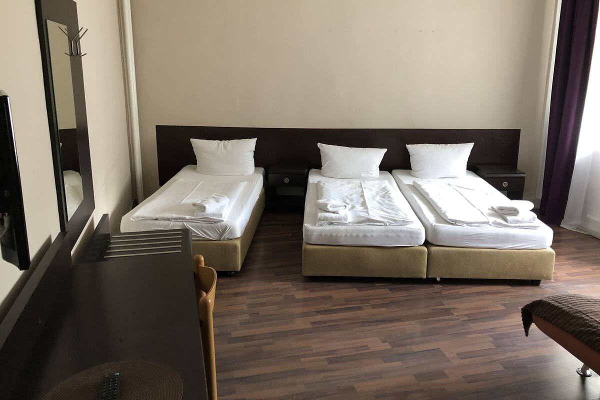 A hotel room with two single beds, a desk, a chair, and a large mirror.