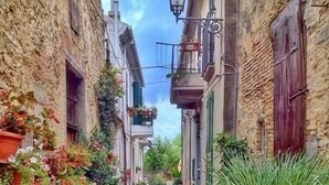 A narrow alleyway with stone buildings on either side, adorned with potted plants and flowers. - Hotel Cristina (Rocca San Giovanni)