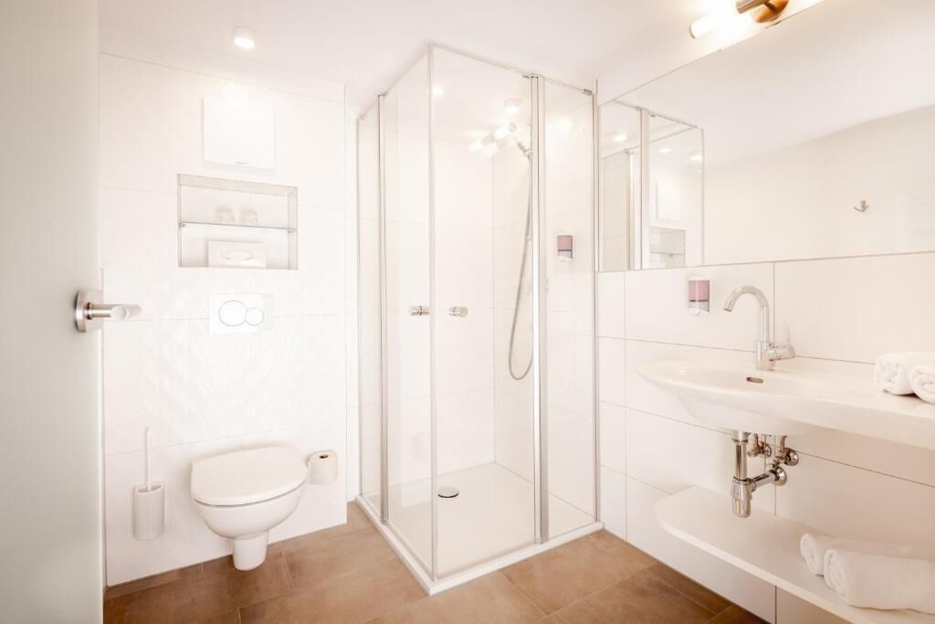A modern bathroom with a glass-enclosed shower, a toilet, a sink, and a mirror.